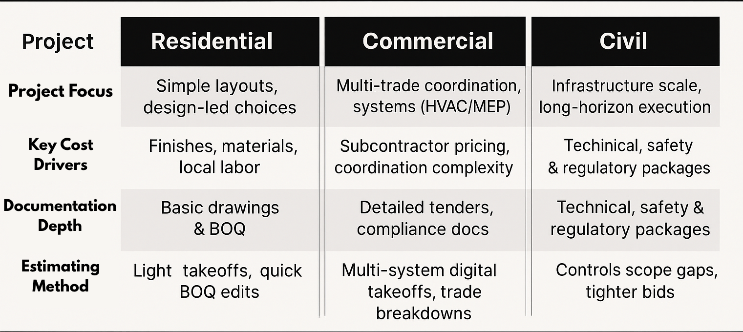 Residential vs Commercial vs Civil Estimating: What Changes and Why It Matters